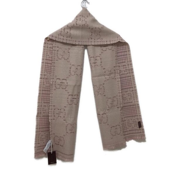 Auth GUCCI GG Wool Jacquard Scarf 774419 3GAMQ Beige Pink Wool Rayon Nylon - - Picture 1 of 6